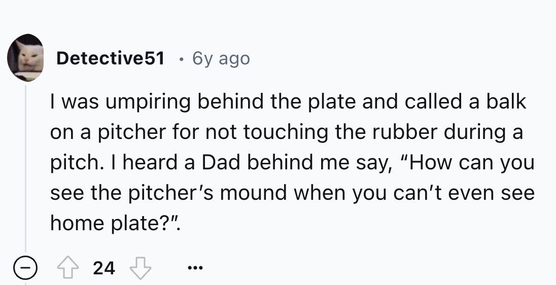 number - Detective51 6y ago I was umpiring behind the plate and called a balk on a pitcher for not touching the rubber during a pitch. I heard a Dad behind me say, "How can you see the pitcher's mound when you can't even see home plate?". 24